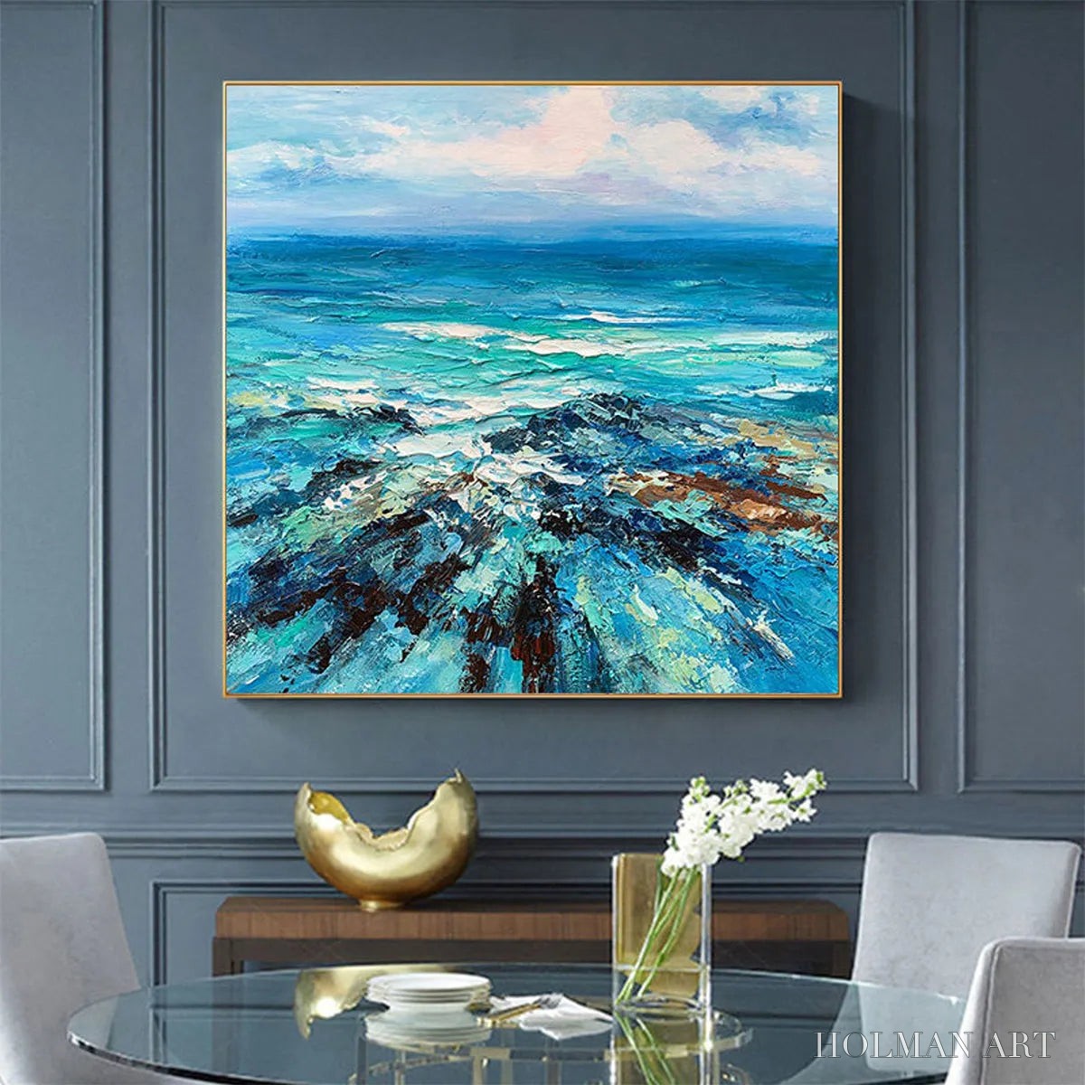 HOLMAN ART Azure Depths – Impasto Seascape Oil Painting in Blues and Greens - image 2