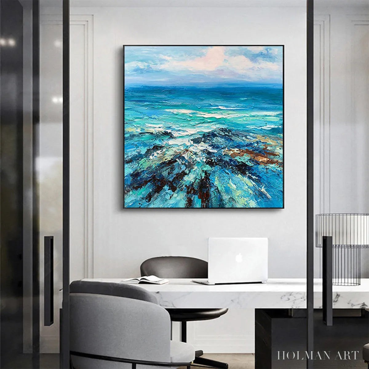 HOLMAN ART Azure Depths – Impasto Seascape Oil Painting in Blues and Greens - image 5