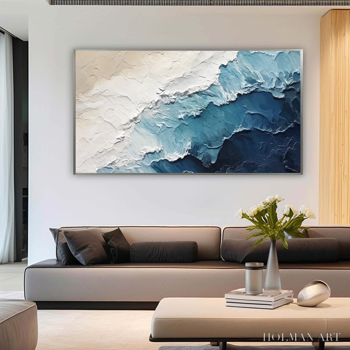 HOLMAN ART Ocean Whispers – Textured Seascape Painting, Ocean Waves, Blue and White, Living Room, Bedroom - image 2