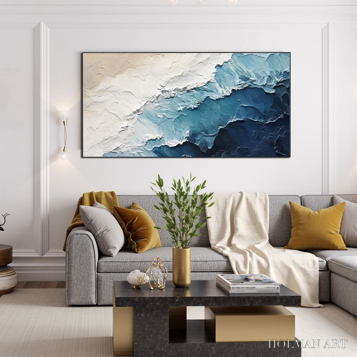 HOLMAN ART Ocean Whispers – Textured Seascape Painting, Ocean Waves, Blue and White, Living Room, Bedroom - image 4