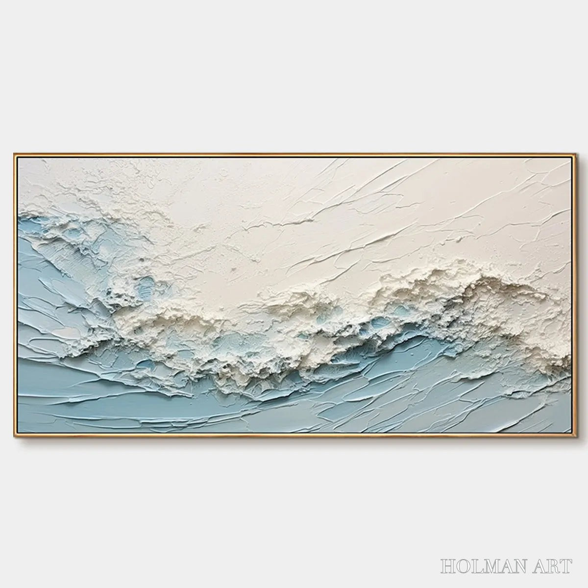 HOLMAN ART Serene Seascape – Panoramic Textured Abstract Painting, Impasto , Blue, White, Beige, Living Room, Bedroom - image 1