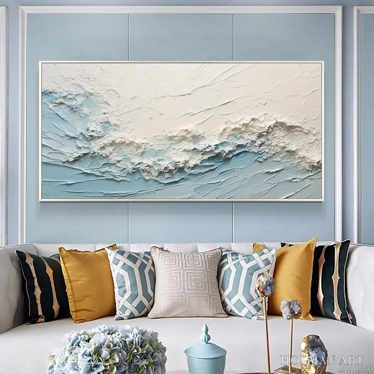 HOLMAN ART Serene Seascape – Panoramic Textured Abstract Painting, Impasto , Blue, White, Beige, Living Room, Bedroom - image 2