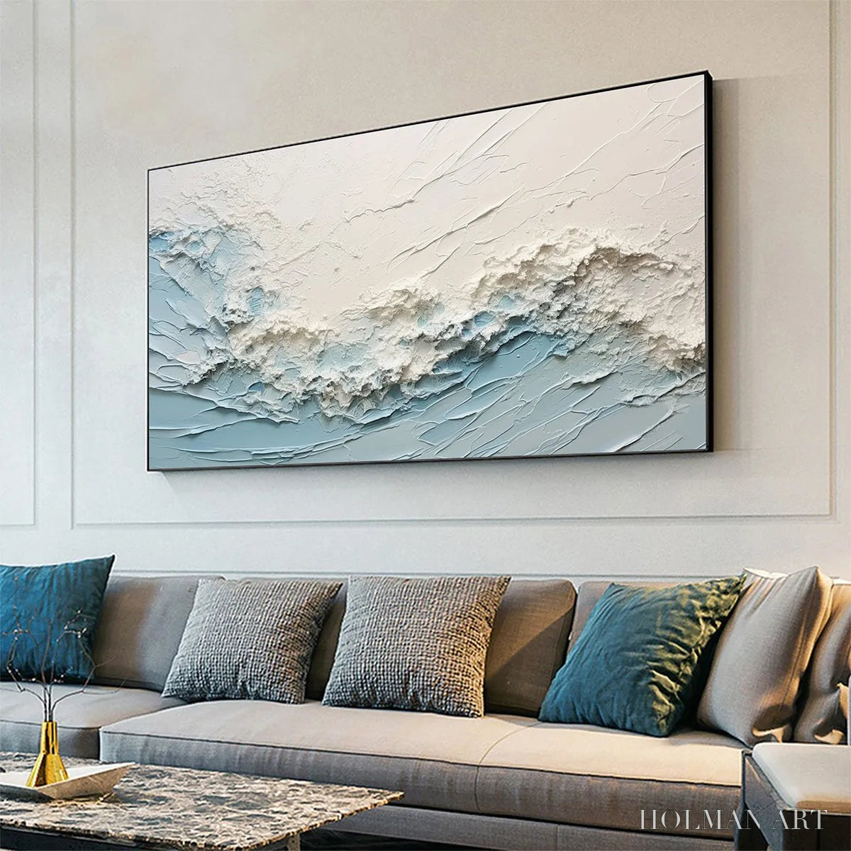 HOLMAN ART Serene Seascape – Panoramic Textured Abstract Painting, Impasto , Blue, White, Beige, Living Room, Bedroom - image 4