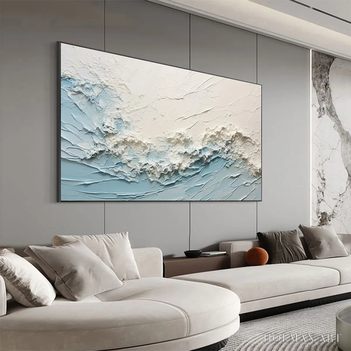 HOLMAN ART Serene Seascape – Panoramic Textured Abstract Painting, Impasto , Blue, White, Beige, Living Room, Bedroom - image 5