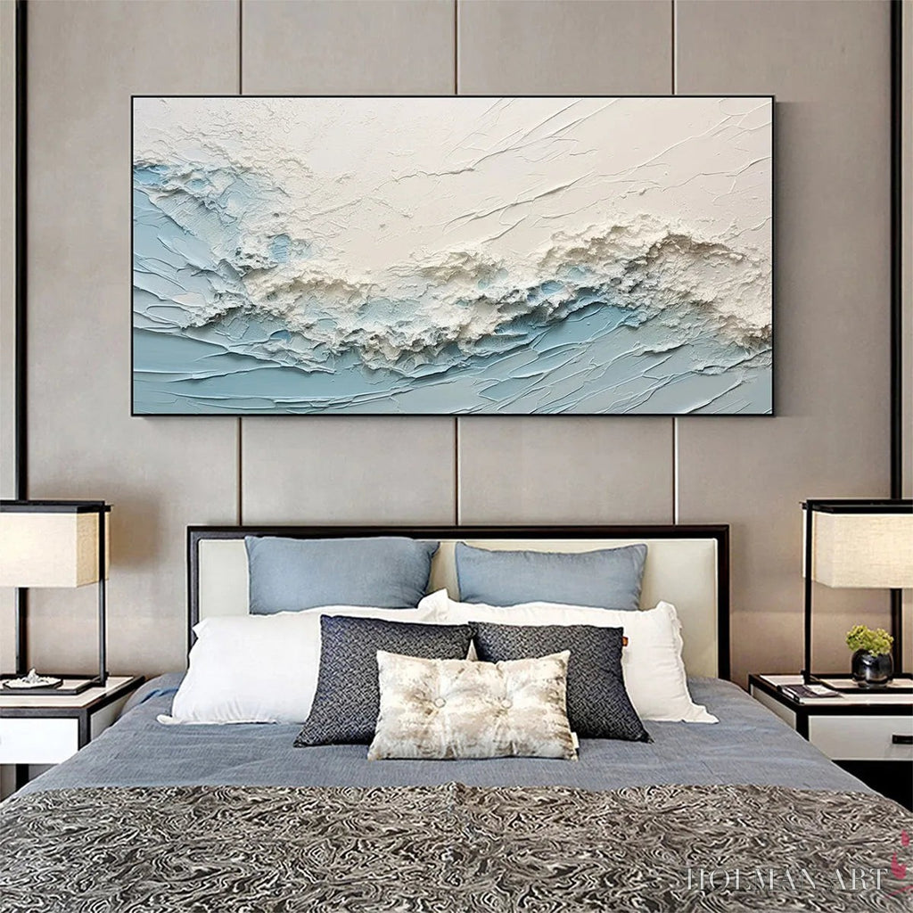 HOLMAN ART Serene Seascape – Panoramic Textured Abstract Painting, Impasto , Blue, White, Beige, Living Room, Bedroom - image 6