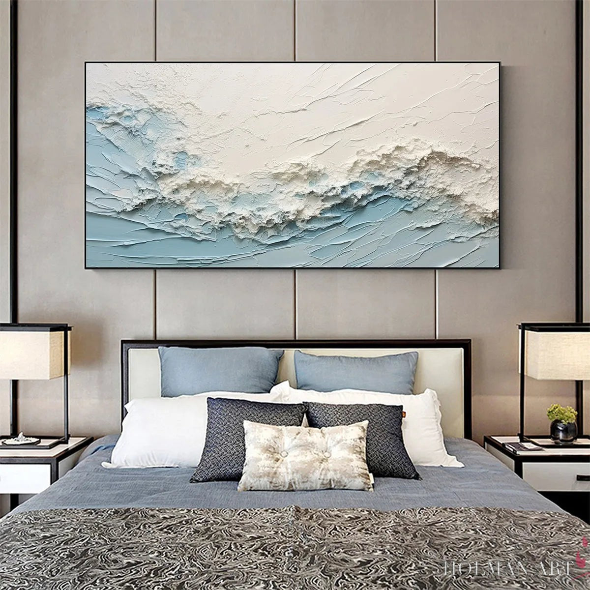 HOLMAN ART Serene Seascape – Panoramic Textured Abstract Painting, Impasto , Blue, White, Beige, Living Room, Bedroom - image 6