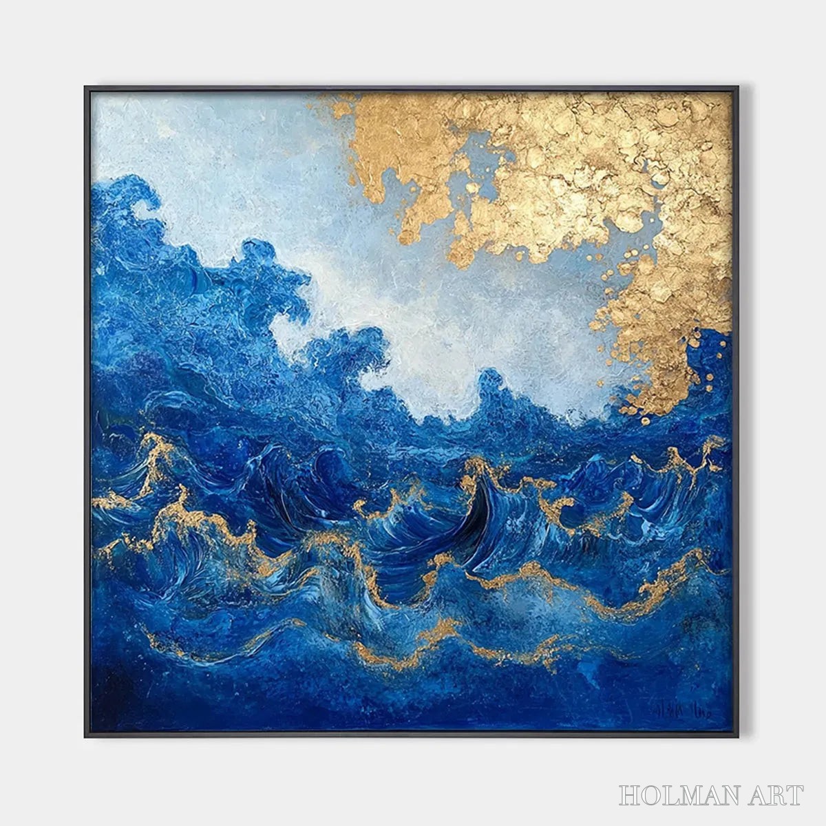 HOLMAN ART Azure Crest – Square Abstract Ocean Waves Oil Painting with Gold Leaf - image 1