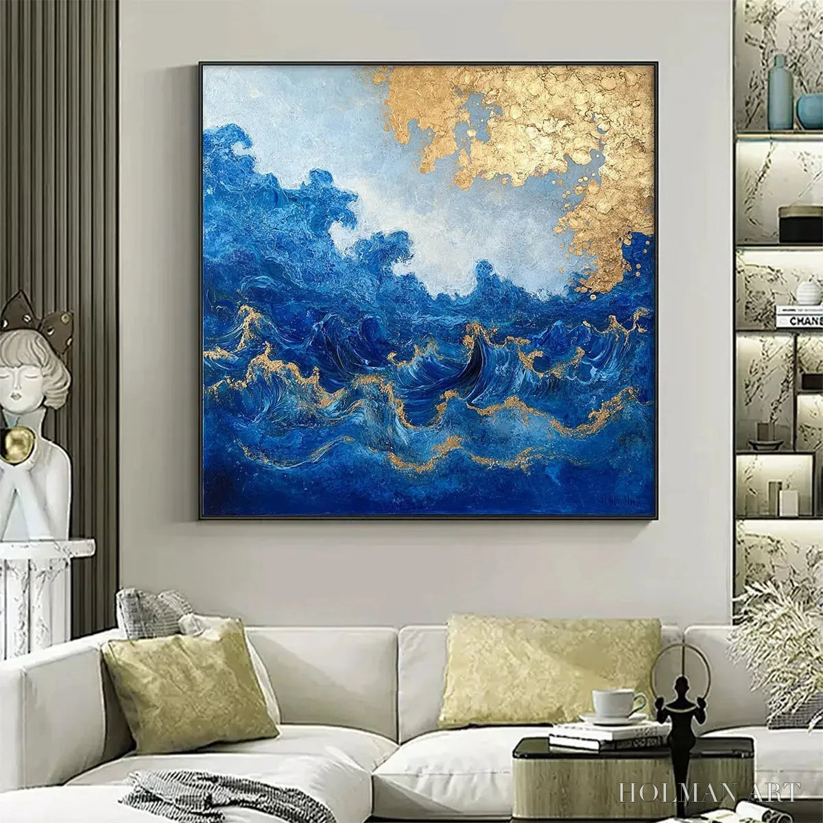 HOLMAN ART Azure Crest – Square Abstract Ocean Waves Oil Painting with Gold Leaf - image 2