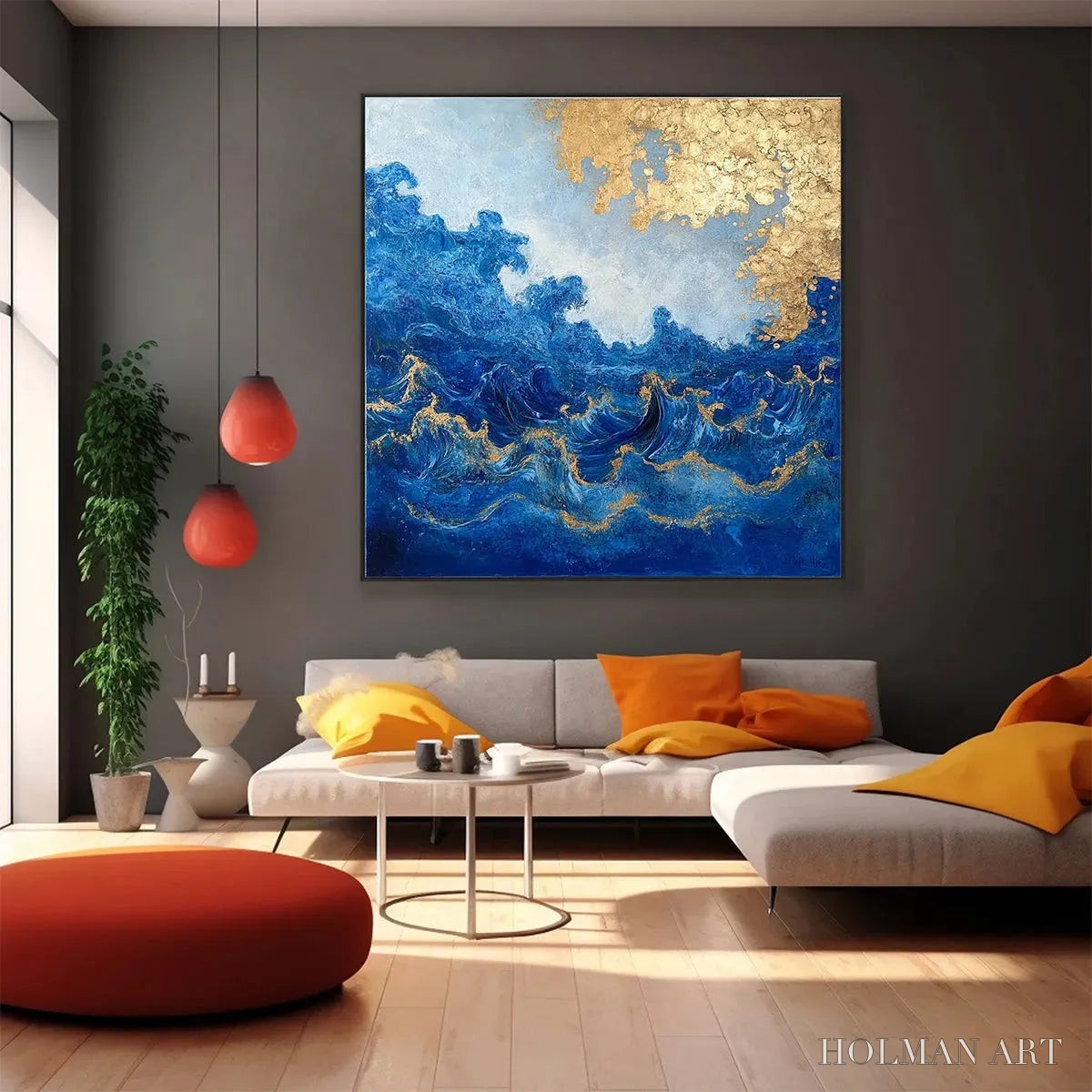 HOLMAN ART Azure Crest – Square Abstract Ocean Waves Oil Painting with Gold Leaf - image 4