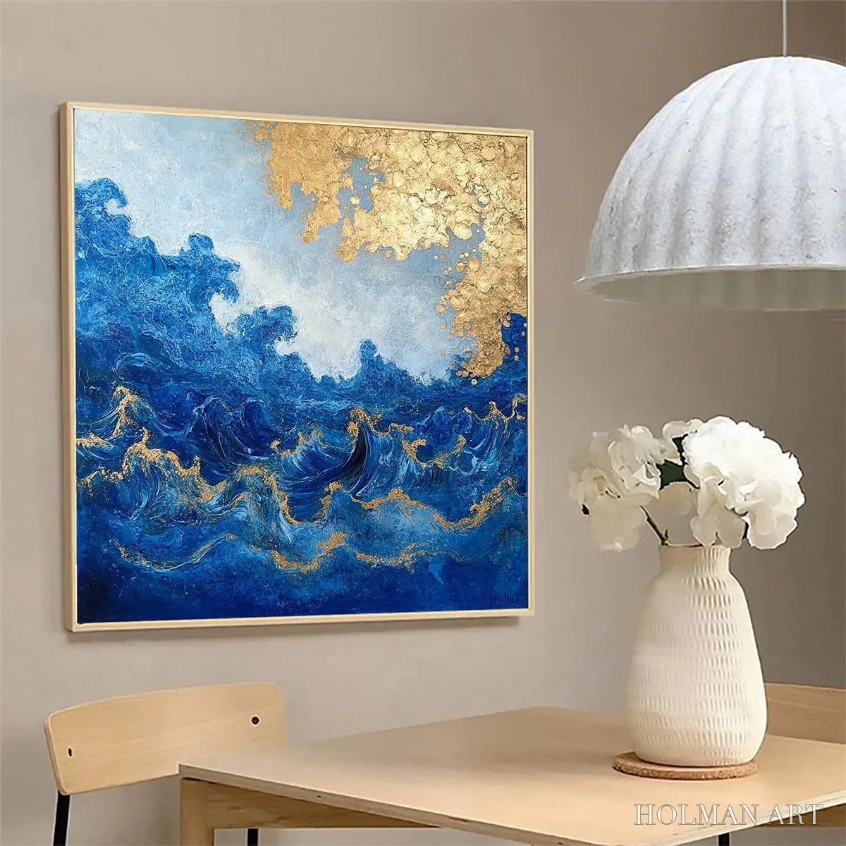 HOLMAN ART Azure Crest – Square Abstract Ocean Waves Oil Painting with Gold Leaf - image 5