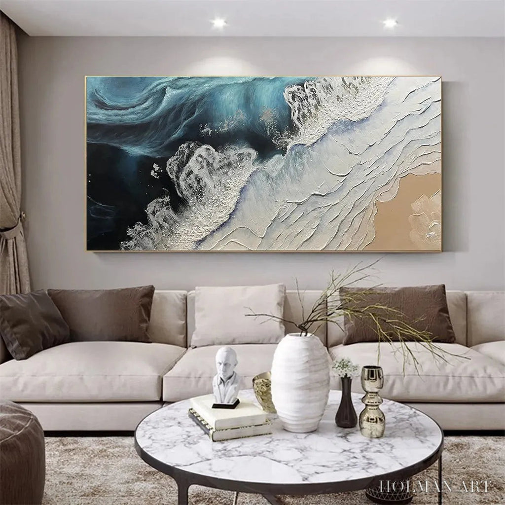 HOLMAN ART Ocean’S Embrace – Ocean Painting in Blue, White, and Beige, Textured Canvas, Modern - image 2