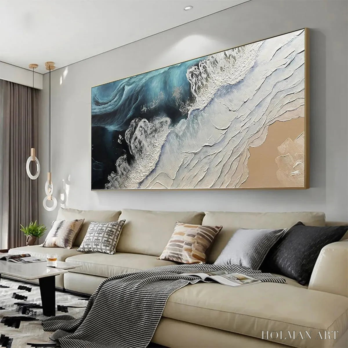 HOLMAN ART Ocean’S Embrace – Ocean Painting in Blue, White, and Beige, Textured Canvas, Modern - image 4