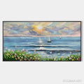 HOLMAN ART Sunset Sail – Coastal Sunset Painting, Sailboat and Wildflowers, Horizontal Canvas, Ocean Decor - image 1