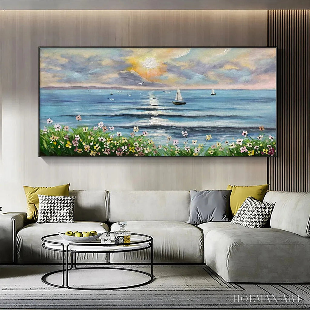 HOLMAN ART Sunset Sail – Coastal Sunset Painting, Sailboat and Wildflowers, Horizontal Canvas, Ocean Decor - image 2