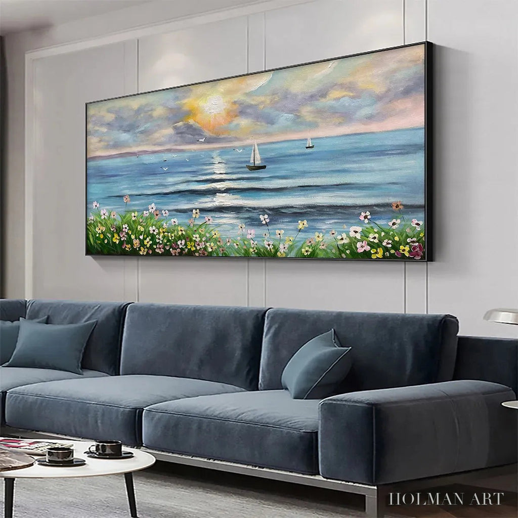 HOLMAN ART Sunset Sail – Coastal Sunset Painting, Sailboat and Wildflowers, Horizontal Canvas, Ocean Decor - image 4