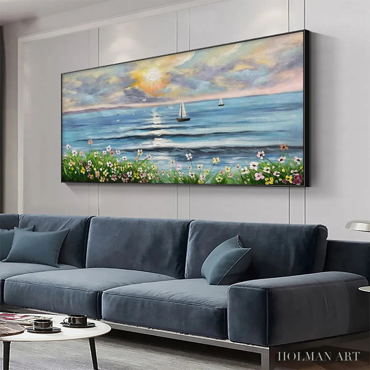 HOLMAN ART Sunset Sail – Coastal Sunset Painting, Sailboat and Wildflowers, Horizontal Canvas, Ocean Decor - image 4