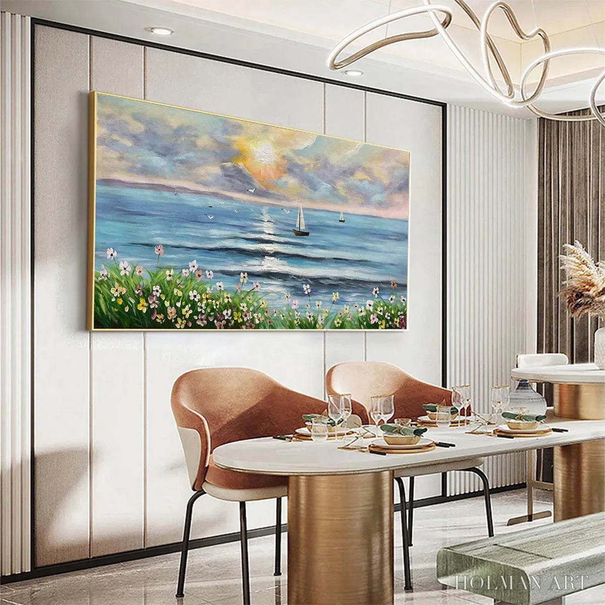 HOLMAN ART Sunset Sail – Coastal Sunset Painting, Sailboat and Wildflowers, Horizontal Canvas, Ocean Decor - image 6