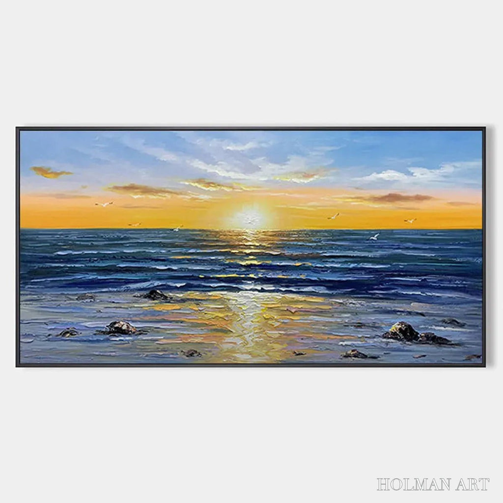 HOLMAN ART Sunkissed Shores – Panoramic Beach Sunset Painting - image 1