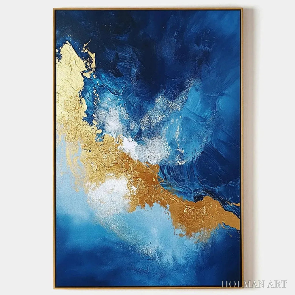 HOLMAN ART Golden Tide – Vertical Abstract Painting, Blue, Gold - image 1