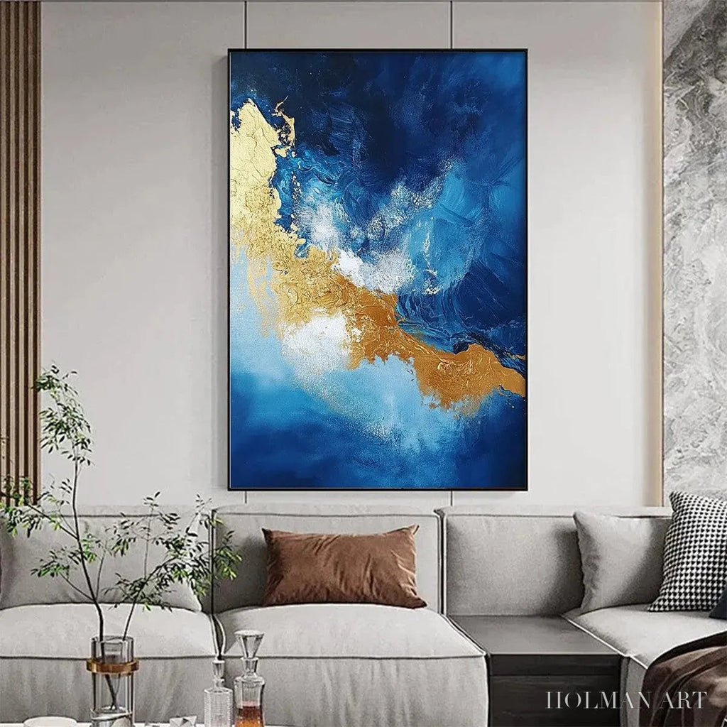 HOLMAN ART Golden Tide – Vertical Abstract Painting, Blue, Gold - image 2