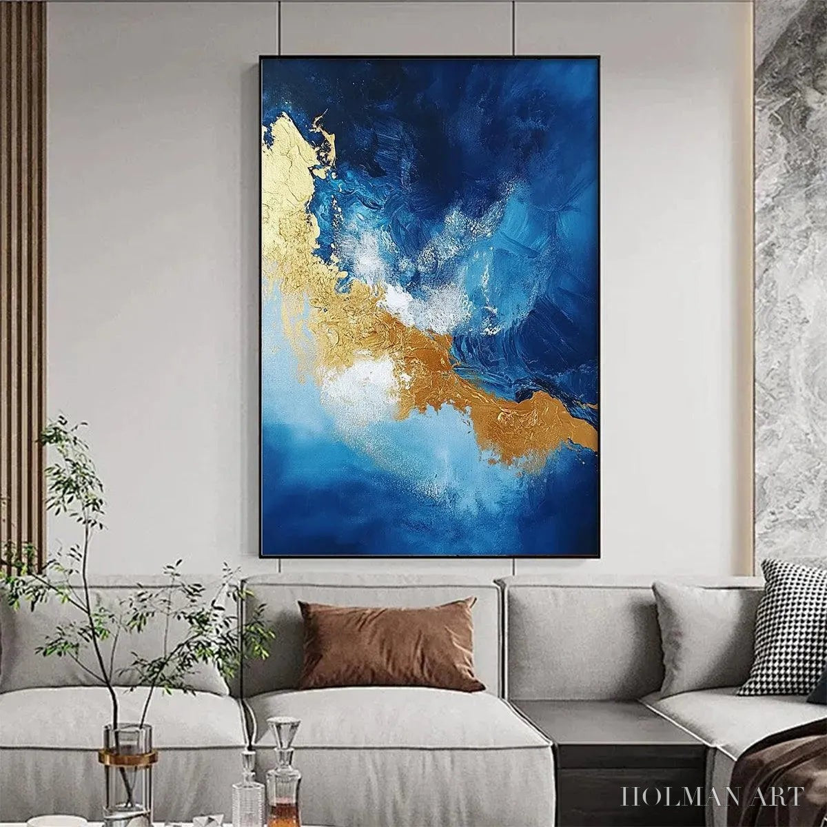 HOLMAN ART Golden Tide – Vertical Abstract Painting, Blue, Gold - image 2