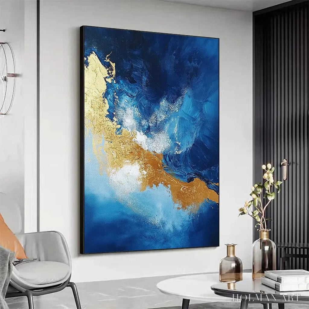 HOLMAN ART Golden Tide – Vertical Abstract Painting, Blue, Gold - image 3