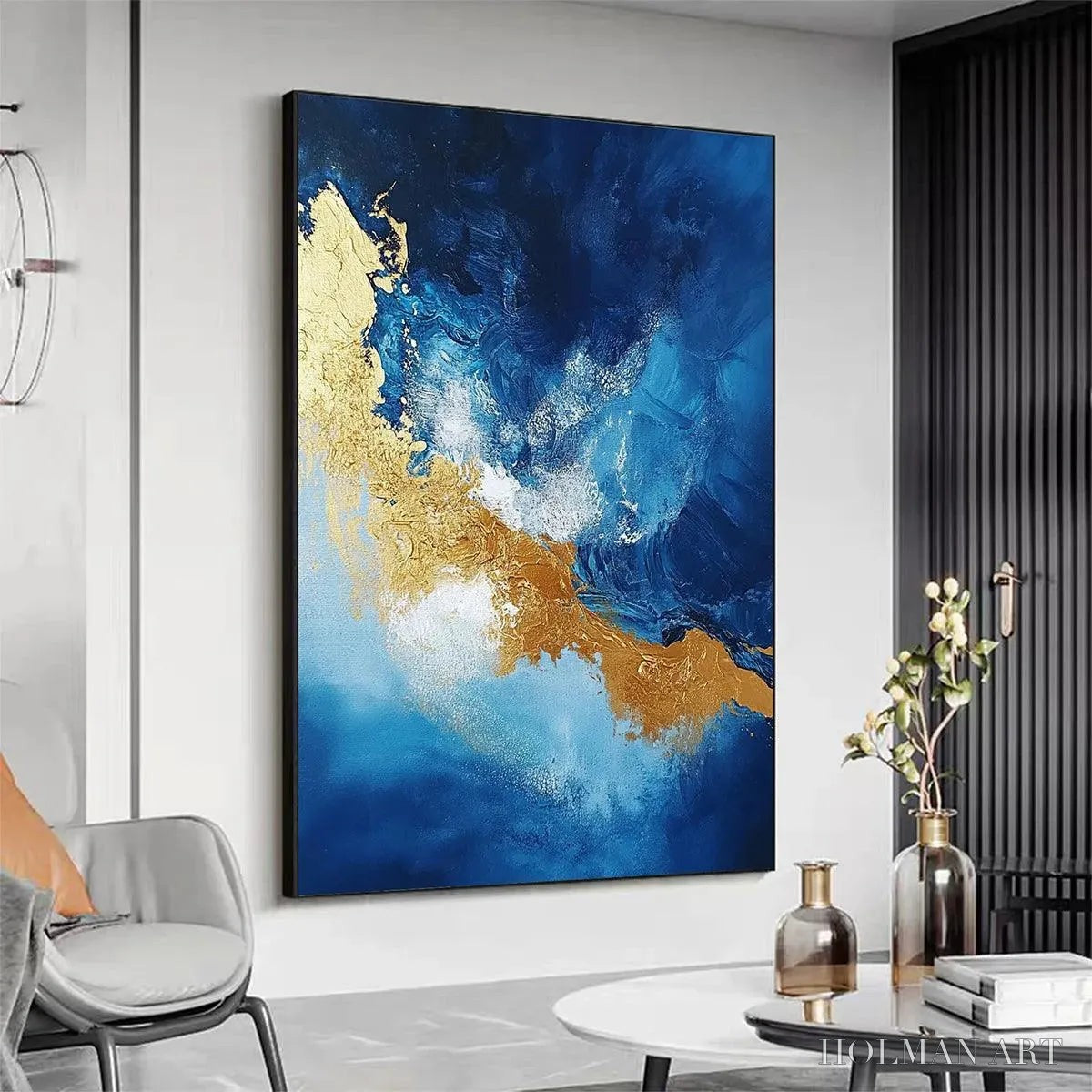 HOLMAN ART Golden Tide – Vertical Abstract Painting, Blue, Gold - image 3