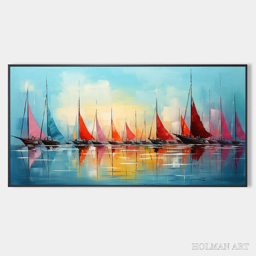 HOLMAN ART Regatta At Dawn – Panoramic Sailboat Painting, Colorful Sunrise - image 1
