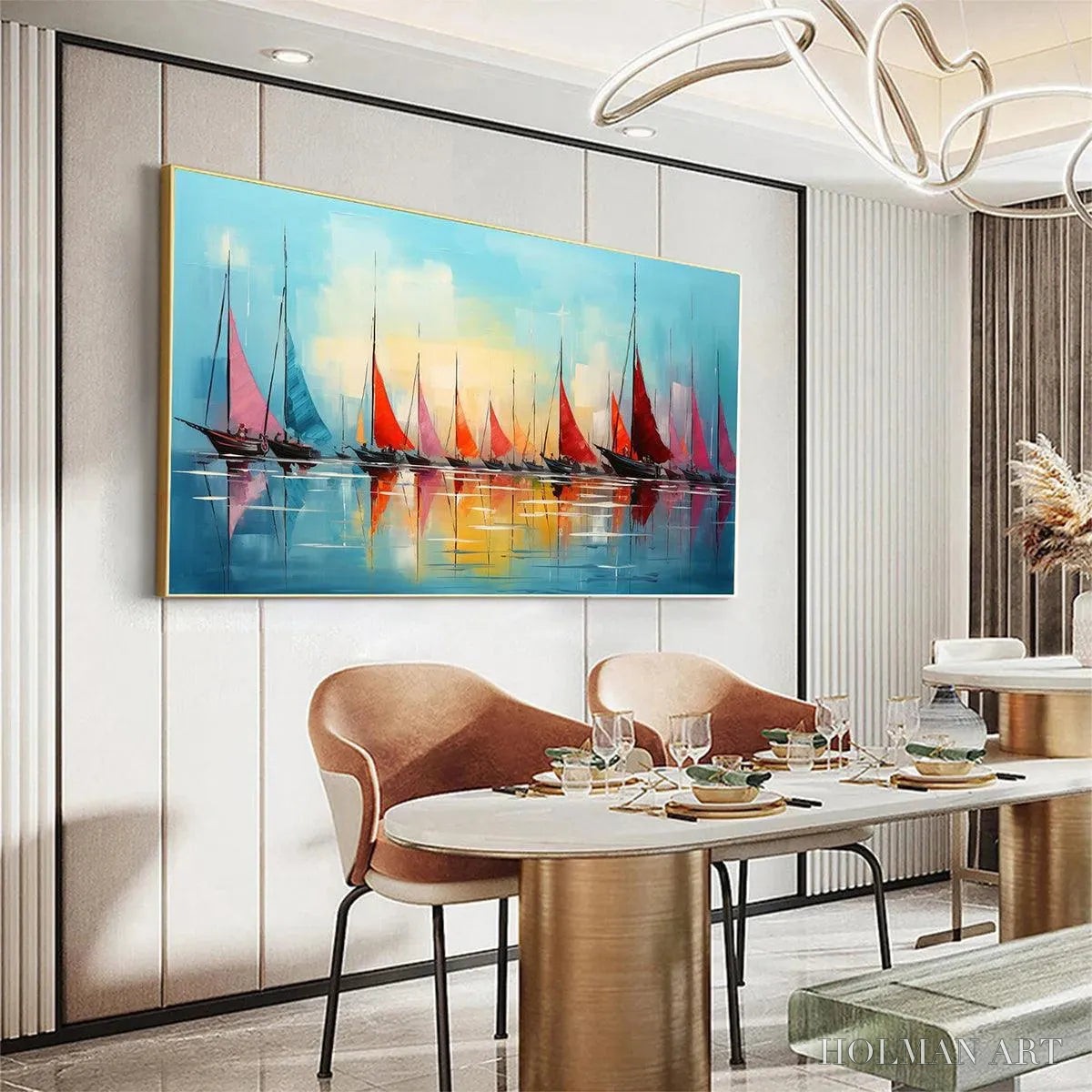 HOLMAN ART Regatta At Dawn – Panoramic Sailboat Painting, Colorful Sunrise - image 2