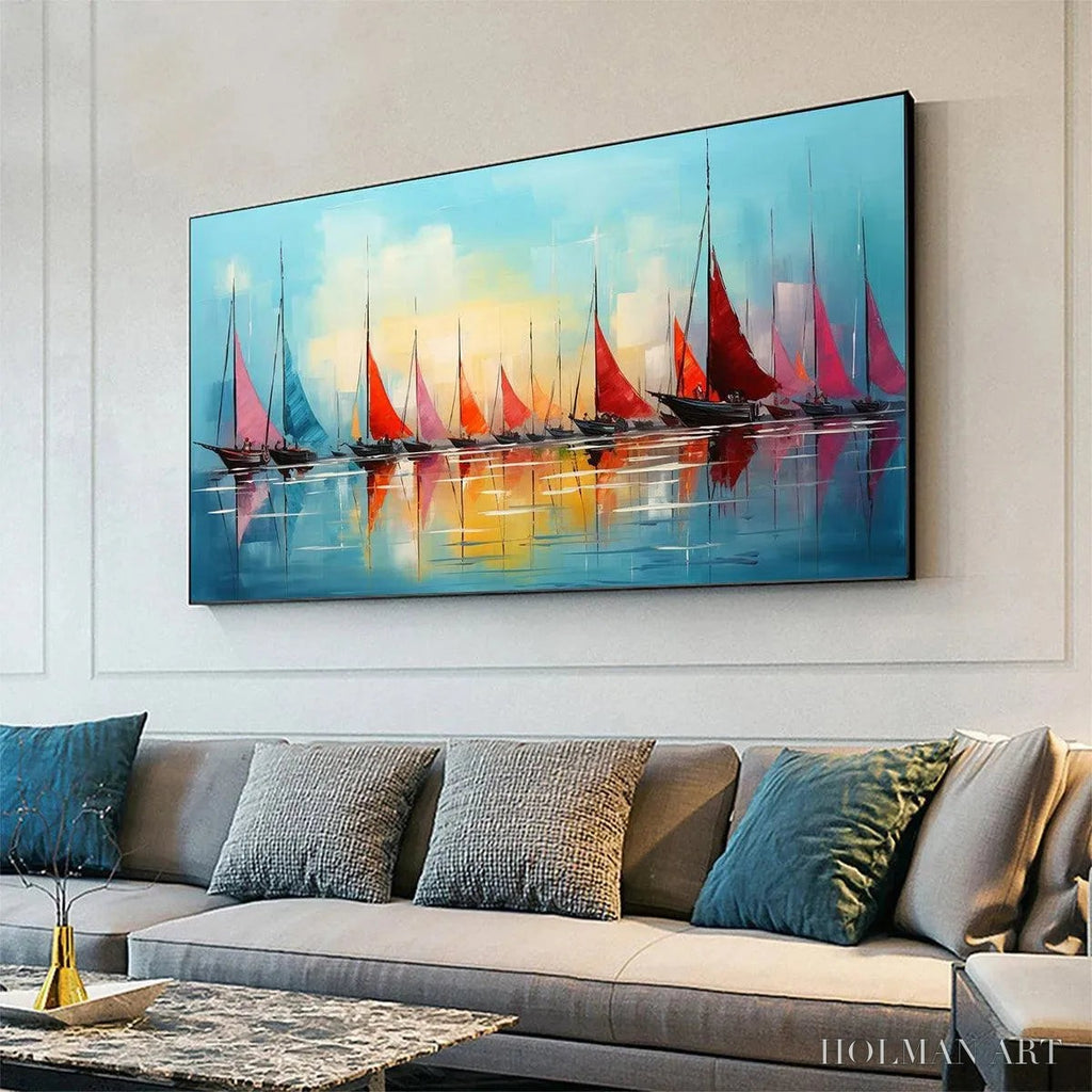 HOLMAN ART Regatta At Dawn – Panoramic Sailboat Painting, Colorful Sunrise - image 4