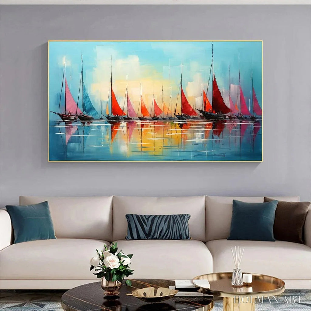 HOLMAN ART Regatta At Dawn – Panoramic Sailboat Painting, Colorful Sunrise - image 5