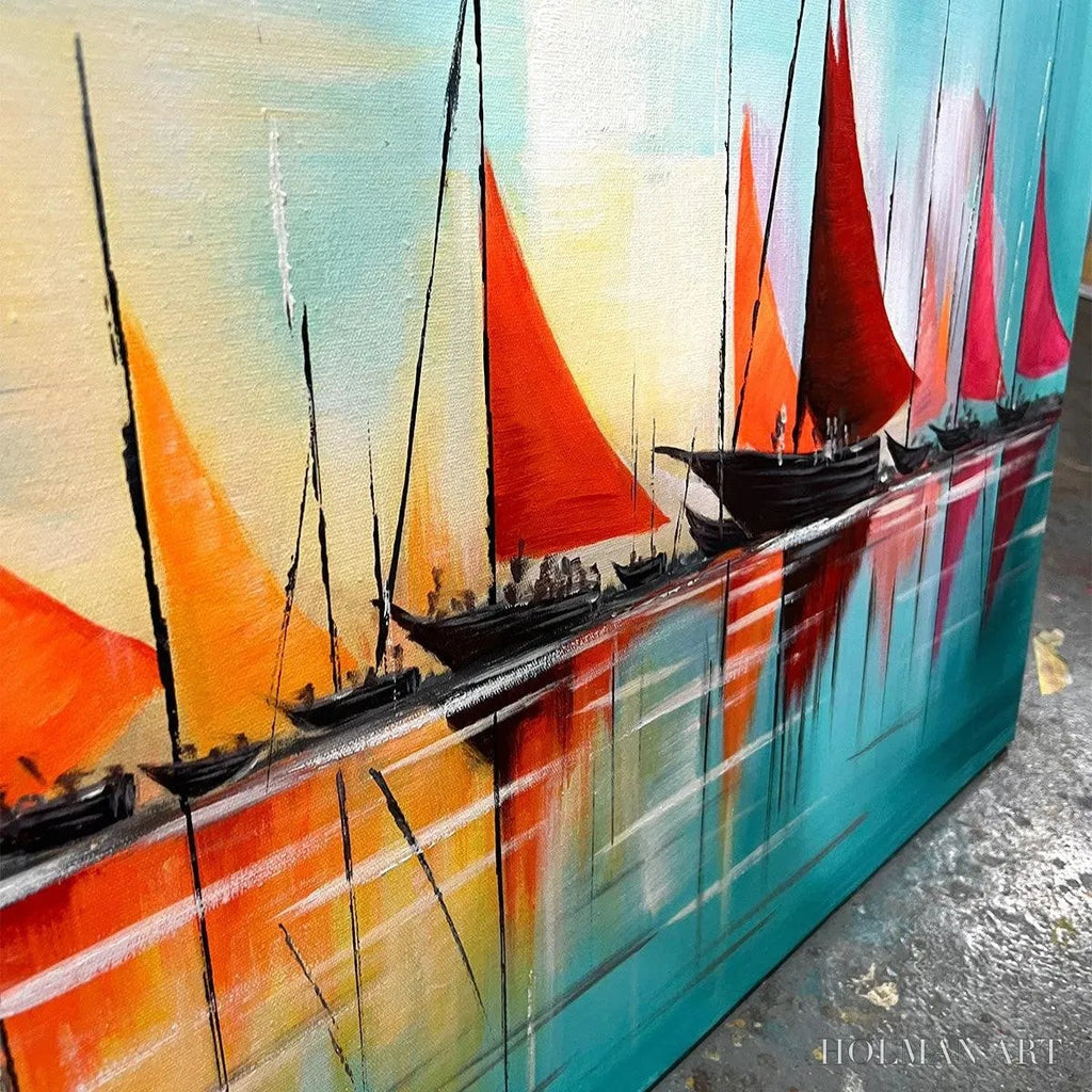 HOLMAN ART Regatta At Dawn – Panoramic Sailboat Painting, Colorful Sunrise - image 6