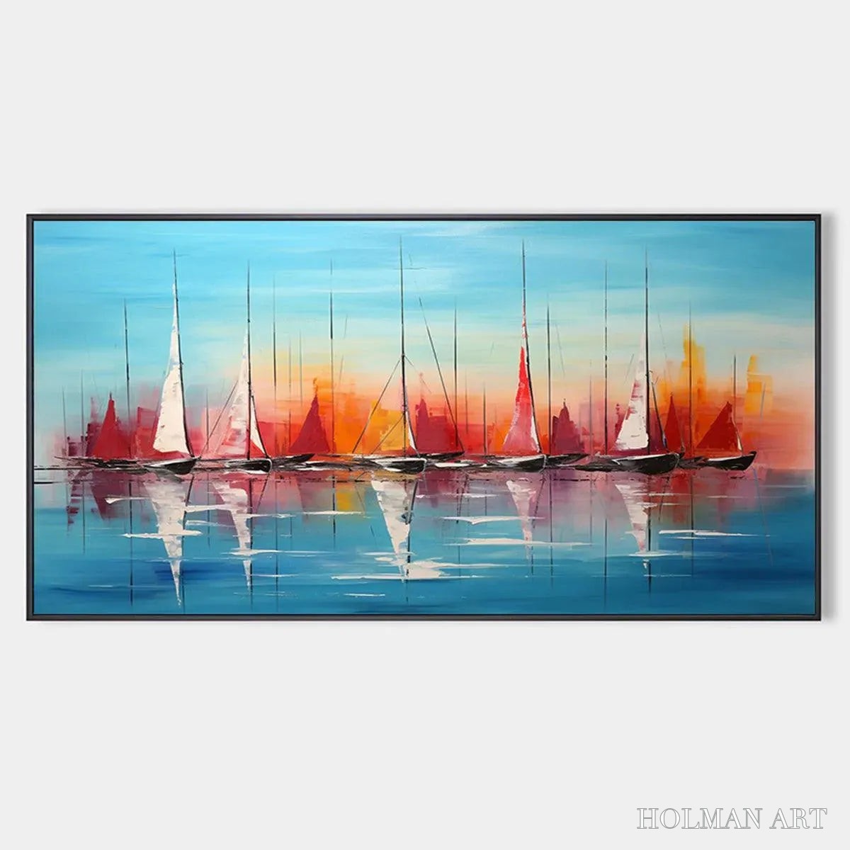 HOLMAN ART Harbor Sunset – Panoramic Sailboat Painting, Colorful Sunset - image 1