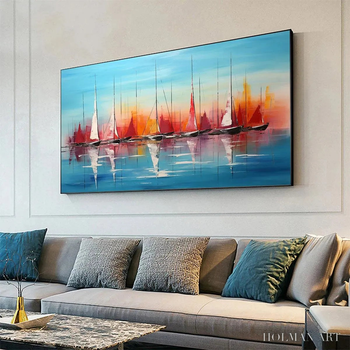 HOLMAN ART Harbor Sunset – Panoramic Sailboat Painting, Colorful Sunset - image 2