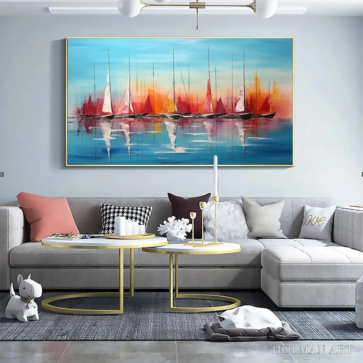 HOLMAN ART Harbor Sunset – Panoramic Sailboat Painting, Colorful Sunset - image 4
