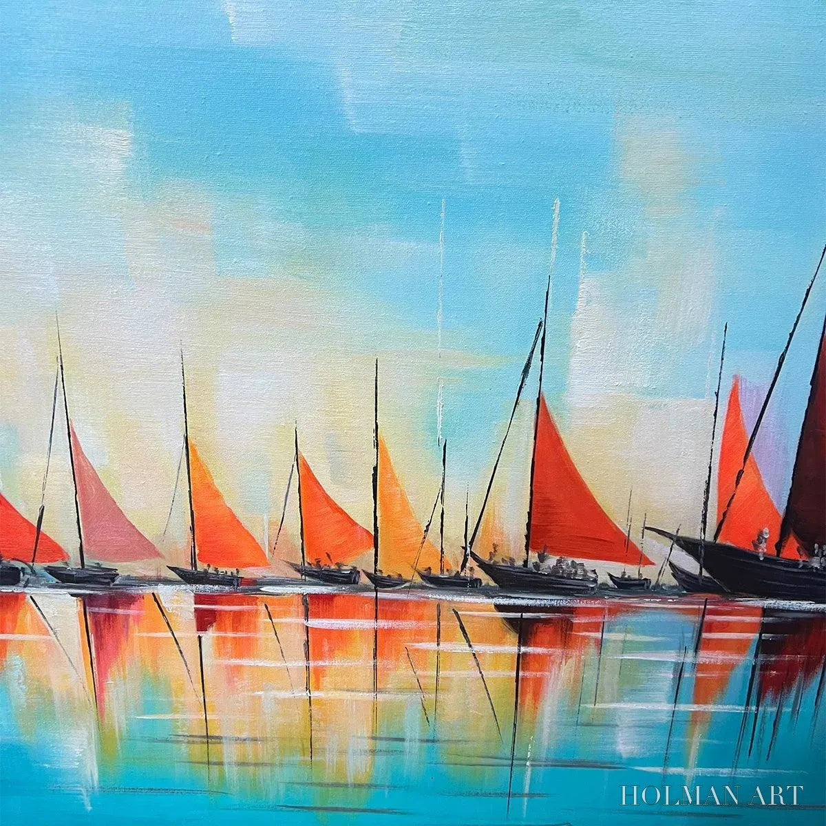 HOLMAN ART Harbor Sunset – Panoramic Sailboat Painting, Colorful Sunset - image 5