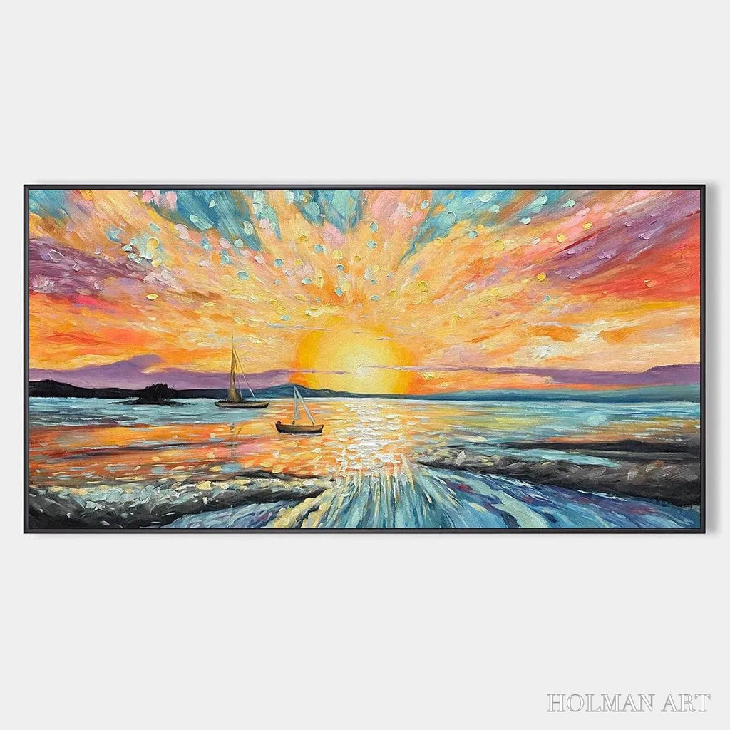 HOLMAN ART Sailing At Sunset – Vibrant Seascape Painting, Panoramic Canvas, Coastal - image 1