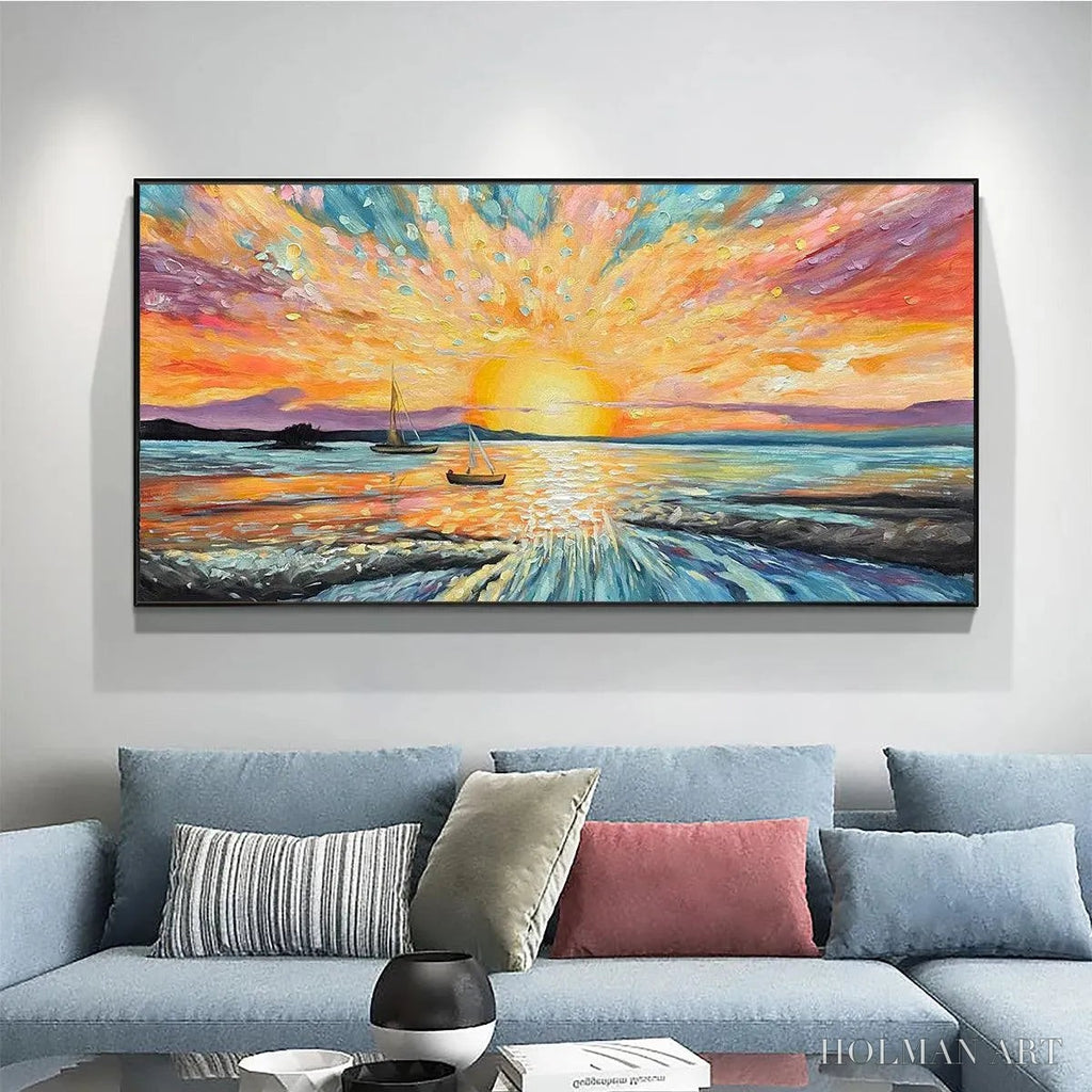 HOLMAN ART Sailing At Sunset – Vibrant Seascape Painting, Panoramic Canvas, Coastal - image 2
