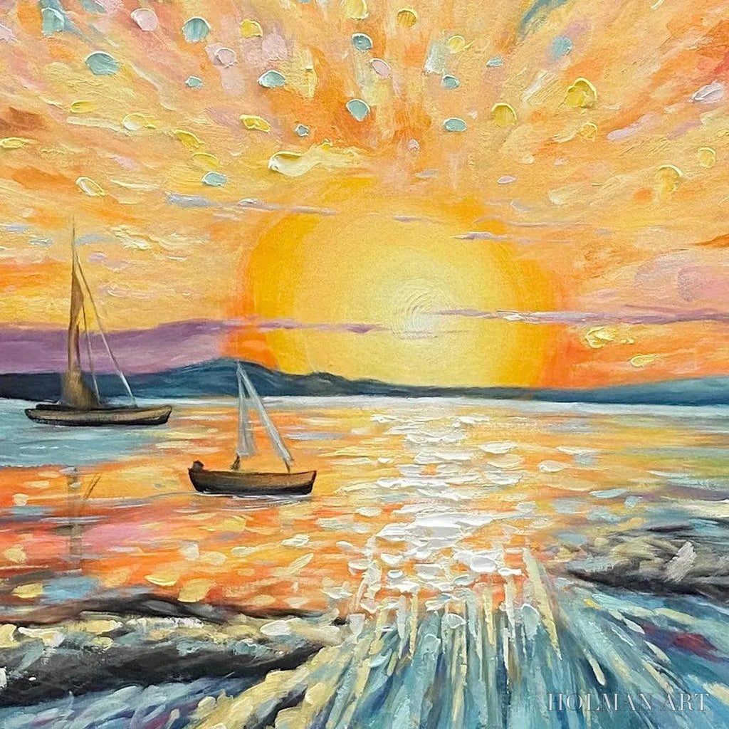 HOLMAN ART Sailing At Sunset – Vibrant Seascape Painting, Panoramic Canvas, Coastal - image 3