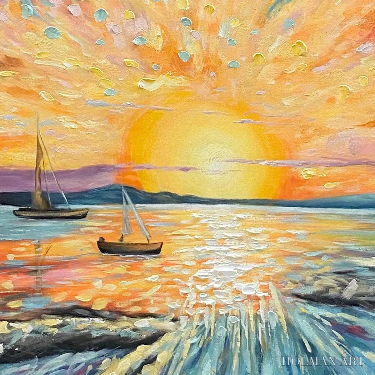 HOLMAN ART Sailing At Sunset – Vibrant Seascape Painting, Panoramic Canvas, Coastal - image 3