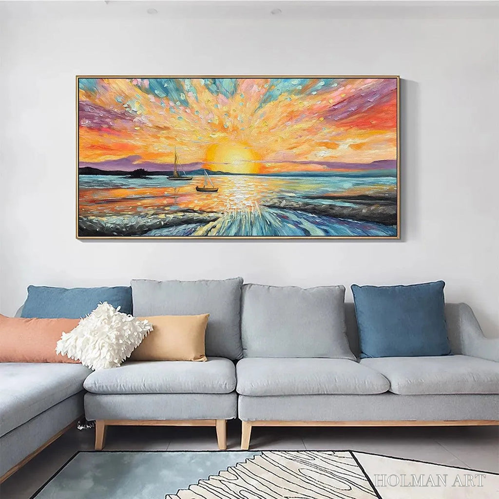 HOLMAN ART Sailing At Sunset – Vibrant Seascape Painting, Panoramic Canvas, Coastal - image 4