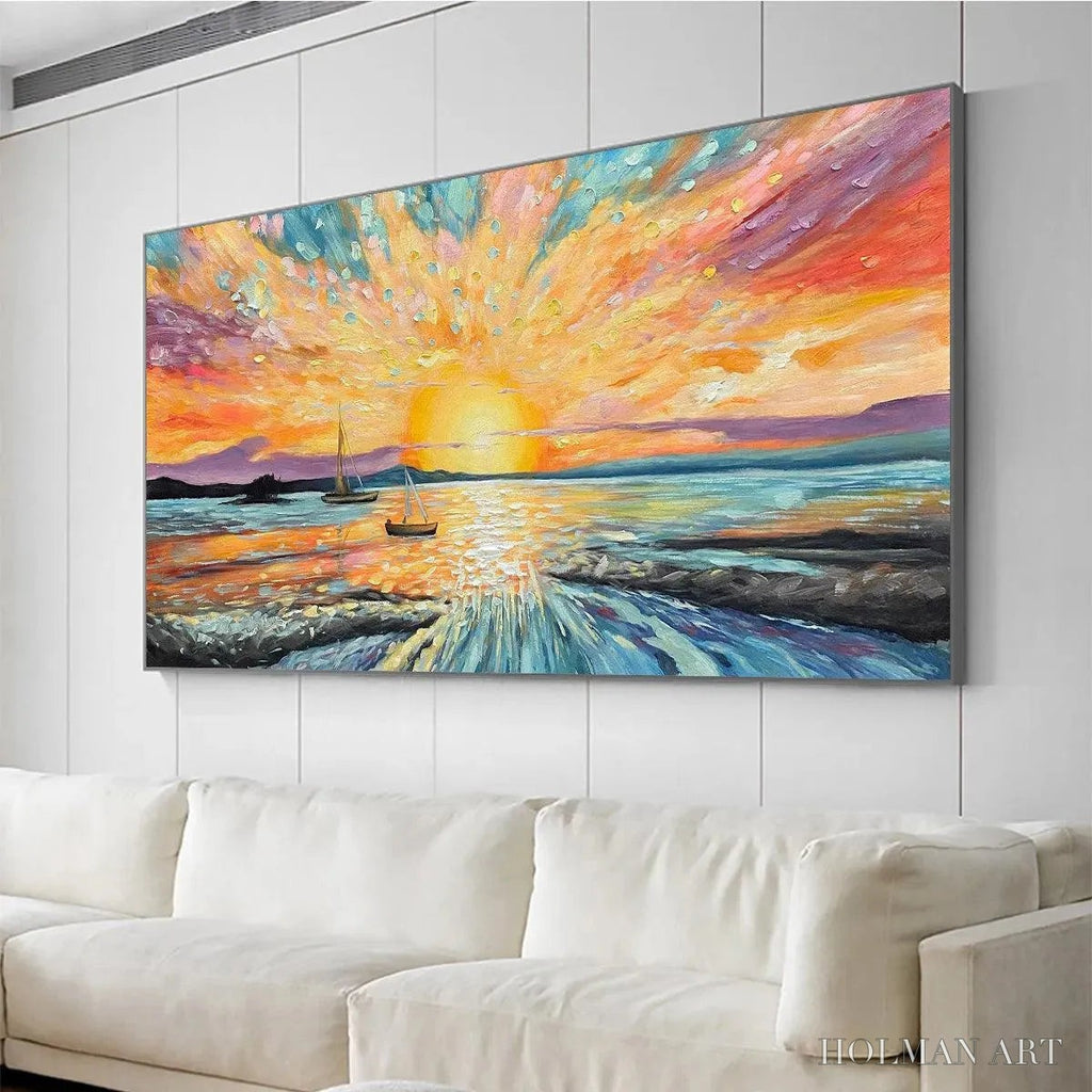 HOLMAN ART Sailing At Sunset – Vibrant Seascape Painting, Panoramic Canvas, Coastal - image 6