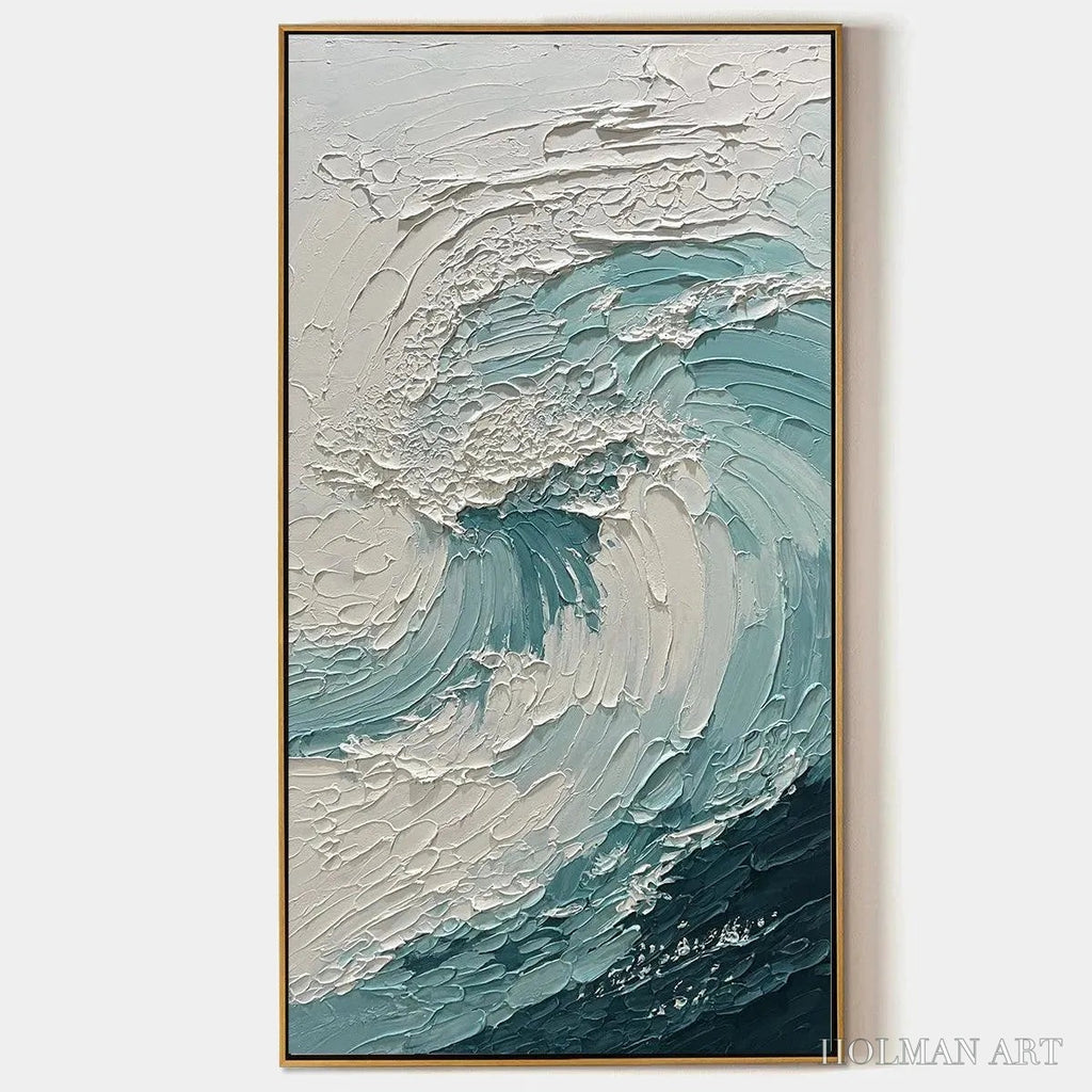 HOLMAN ART Aquamarine Crest – Textured Ocean Wave Painting, Vertical Canvas, Coastal - image 1