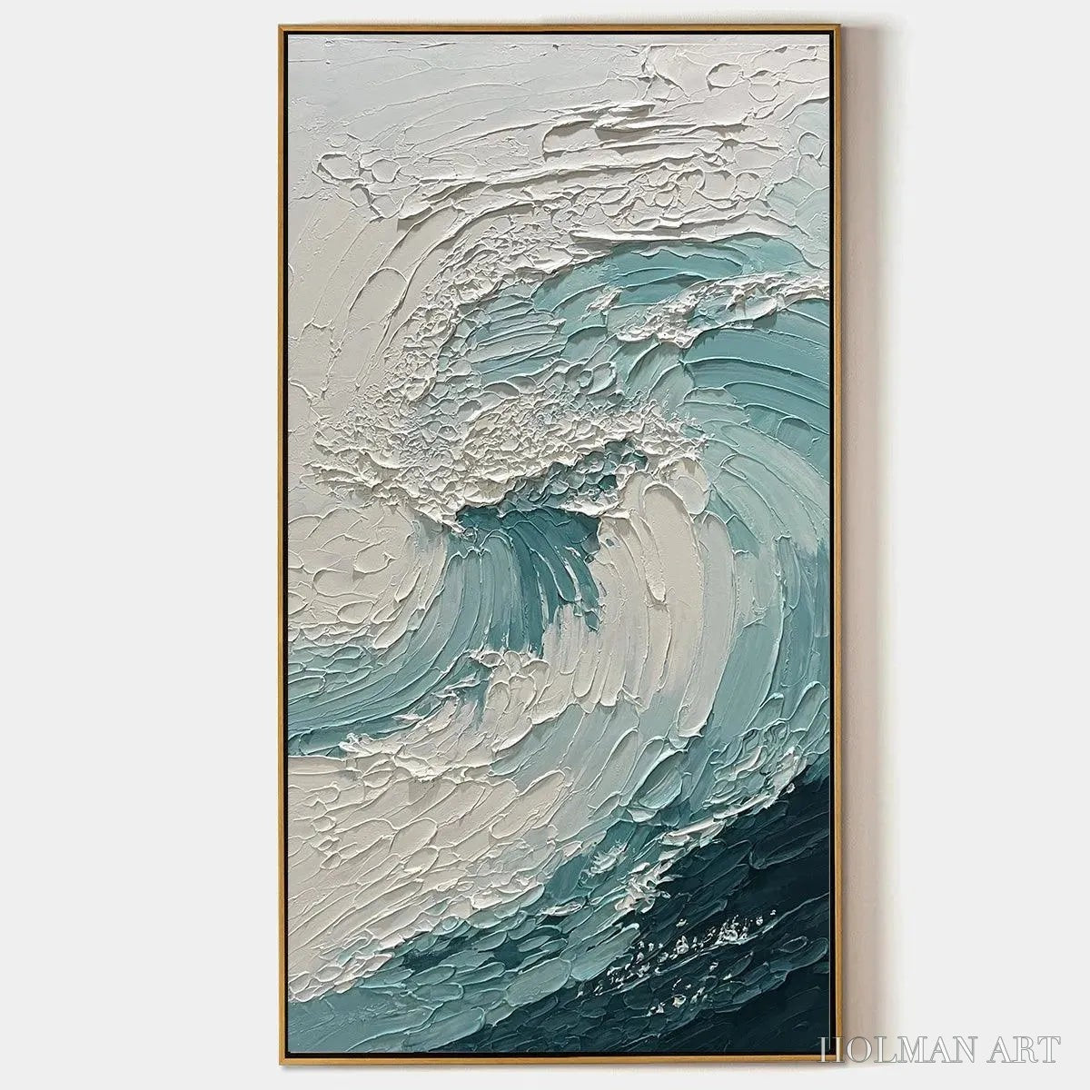 HOLMAN ART Aquamarine Crest – Textured Ocean Wave Painting, Vertical Canvas, Coastal - image 1