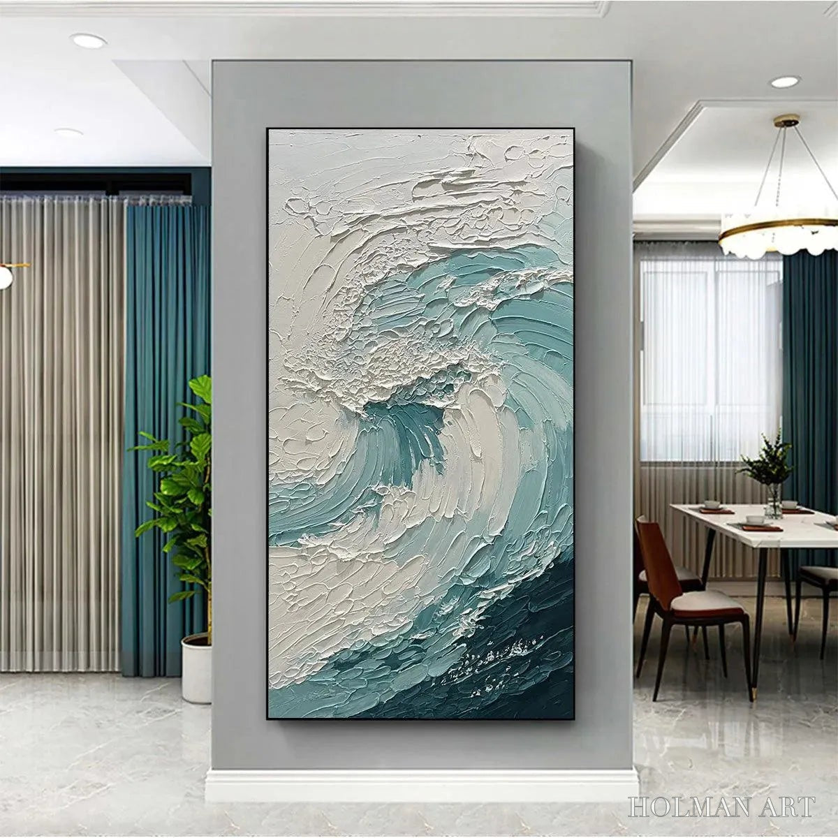 HOLMAN ART Aquamarine Crest – Textured Ocean Wave Painting, Vertical Canvas, Coastal - image 2