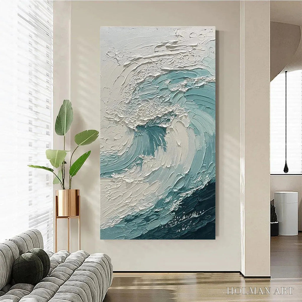 HOLMAN ART Aquamarine Crest – Textured Ocean Wave Painting, Vertical Canvas, Coastal - image 5