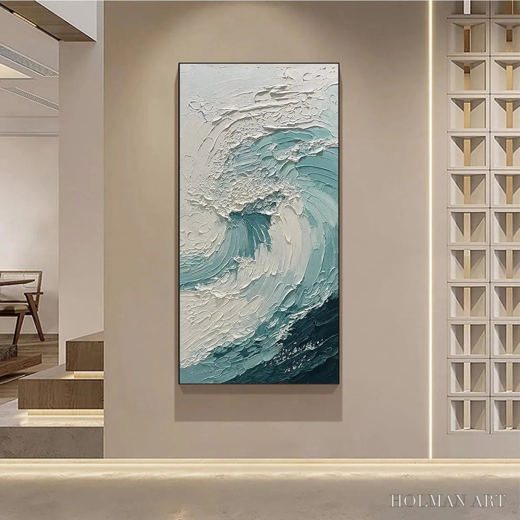 HOLMAN ART Aquamarine Crest – Textured Ocean Wave Painting, Vertical Canvas, Coastal - image 6