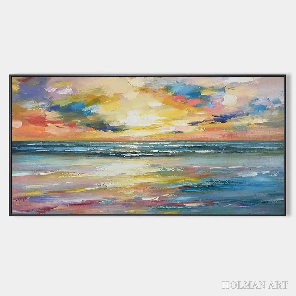 HOLMAN ART Seaside Sunset Serenade – Ocean Painting, Impasto Texture, Sunset Beach, Panoramic , Horizontal Canvas - image 1