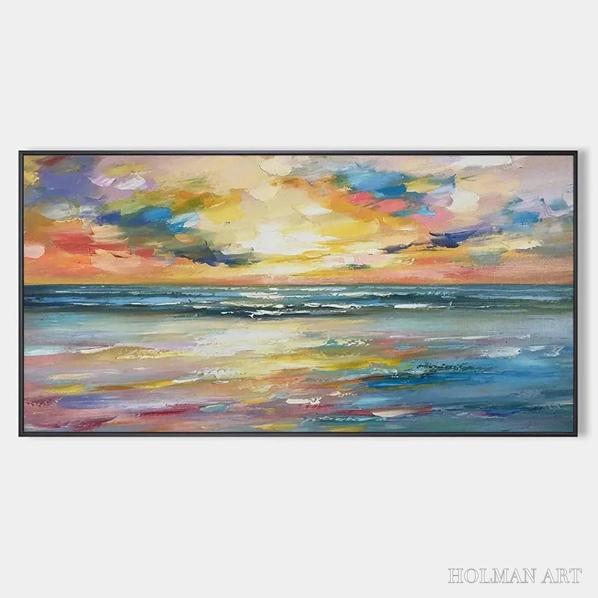 HOLMAN ART Seaside Sunset Serenade – Ocean Painting, Impasto Texture, Sunset Beach, Panoramic , Horizontal Canvas - image 1