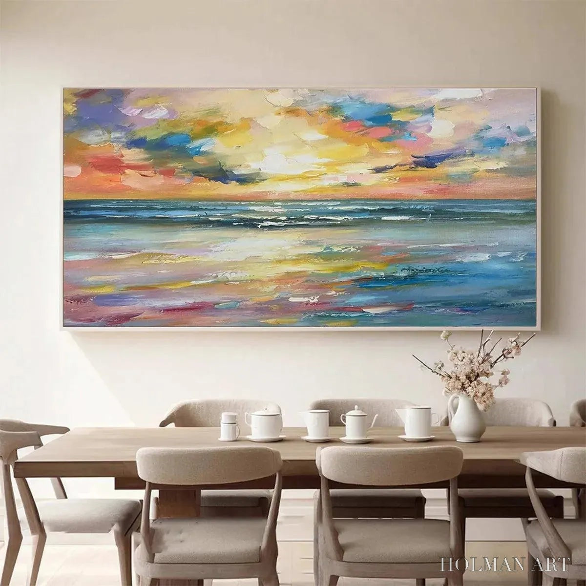 HOLMAN ART Seaside Sunset Serenade – Ocean Painting, Impasto Texture, Sunset Beach, Panoramic , Horizontal Canvas - image 2
